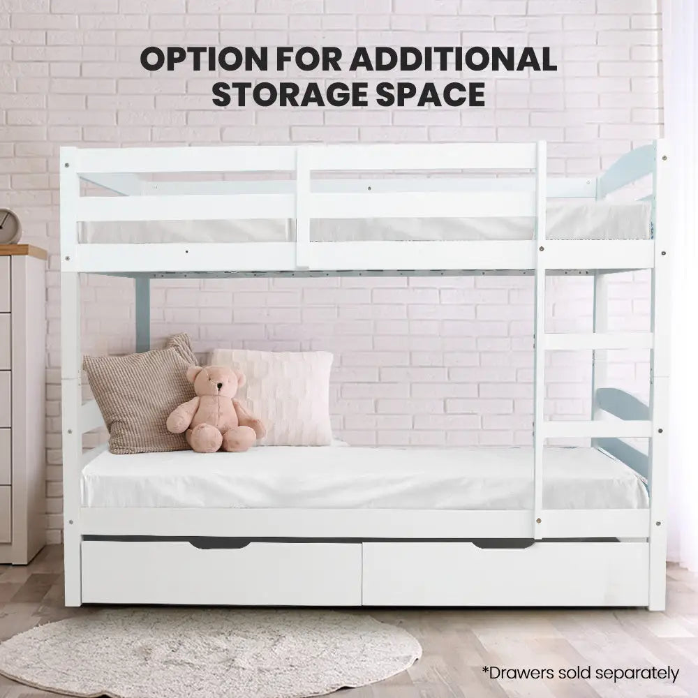 Kingston Slumber Single Bunk Bed Frame Solid Pine 2-in-1 Modular Design White