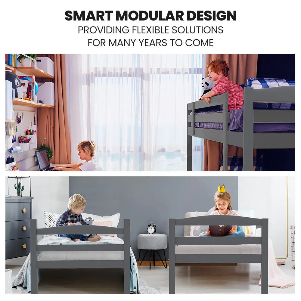 Kingston Slumber Single Bunk Bed Frame Solid Pine 2-in-1 Modular Design Converts to 2 Beds for Kids Grey