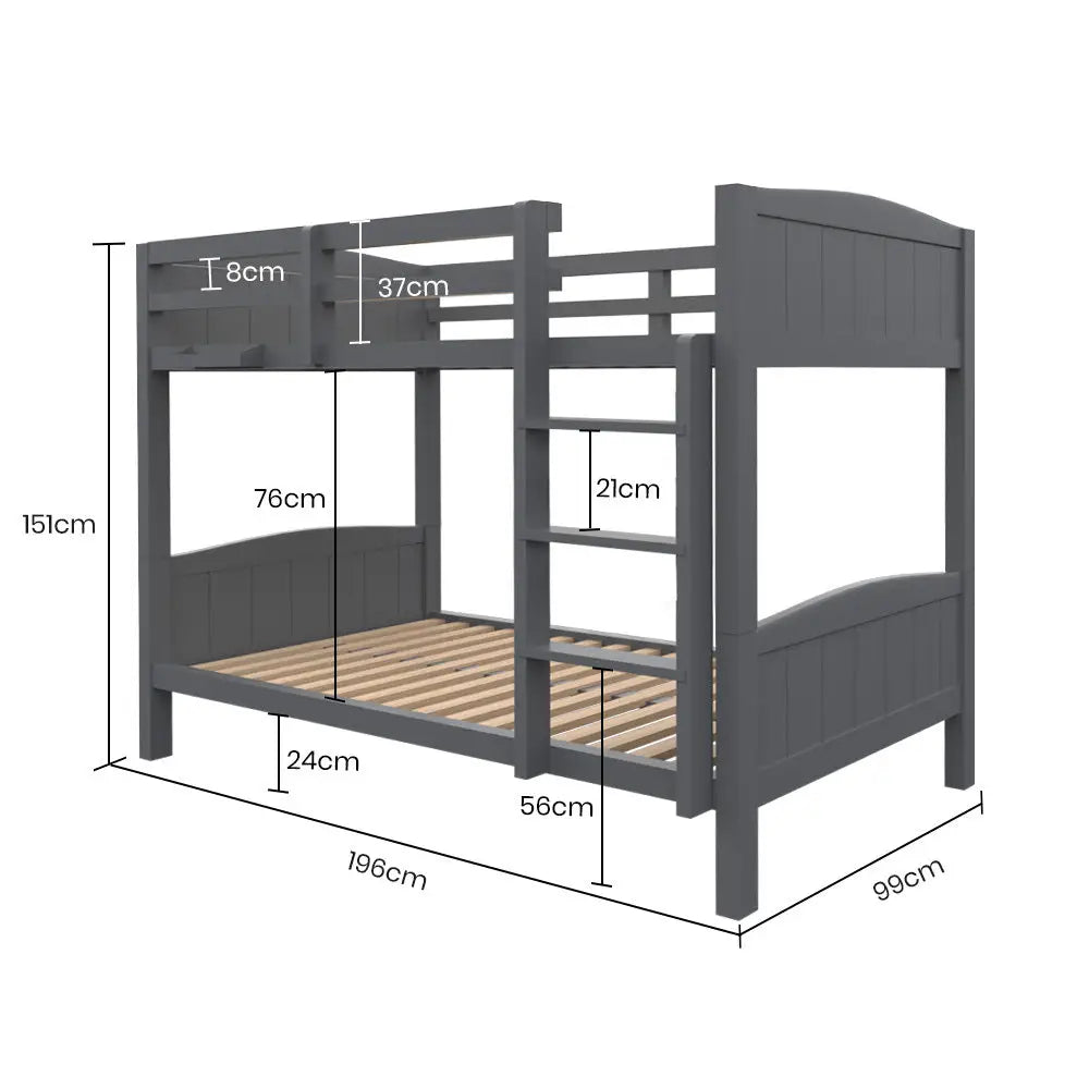 Kingston Slumber Single Bunk Bed Frame Solid Pine 2-in-1 Modular Design Convert to 2 Beds Grey