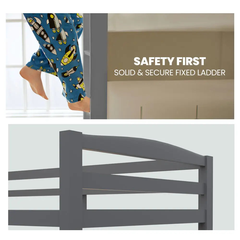 Kingston Slumber Single Bunk Bed Frame Solid Pine 2-in-1 Modular Design Converts to 2 Beds for Kids Grey
