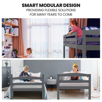 Kingston Slumber Single Bunk Bed Frame Solid Pine 2-in-1 Modular Design Converts to 2 Beds for Kids Grey