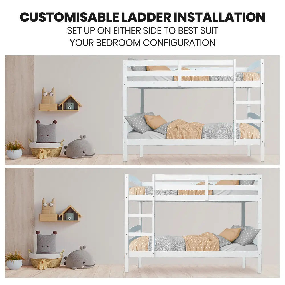 Kingston Slumber Single Bunk Bed Frame Solid Pine 2-in-1 Modular Design White
