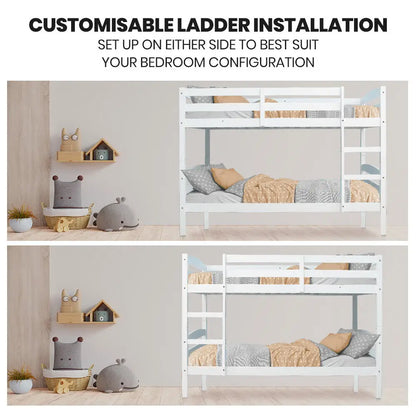 Kingston Slumber Single Bunk Bed Frame Solid Pine 2-in-1 Modular Design White