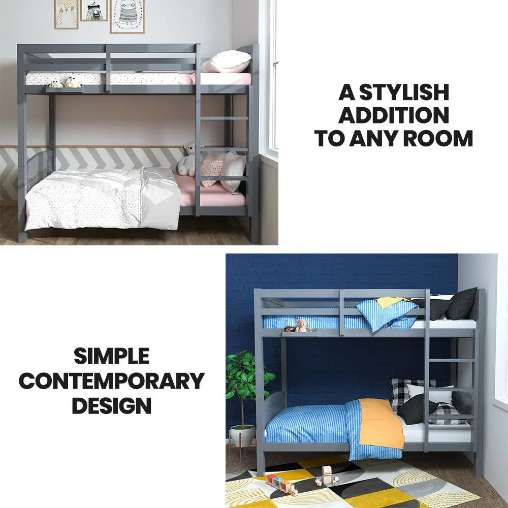 Kingston Slumber Single Bunk Bed Frame Solid Pine 2-in-1 Modular Design Convert to 2 Beds Grey