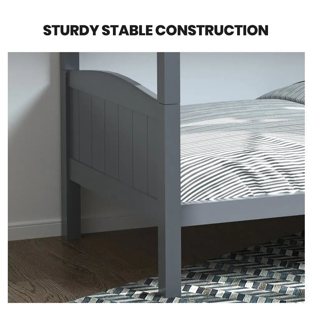 Kingston Slumber Single Bunk Bed Frame Solid Pine 2-in-1 Modular Design Convert to 2 Beds Grey
