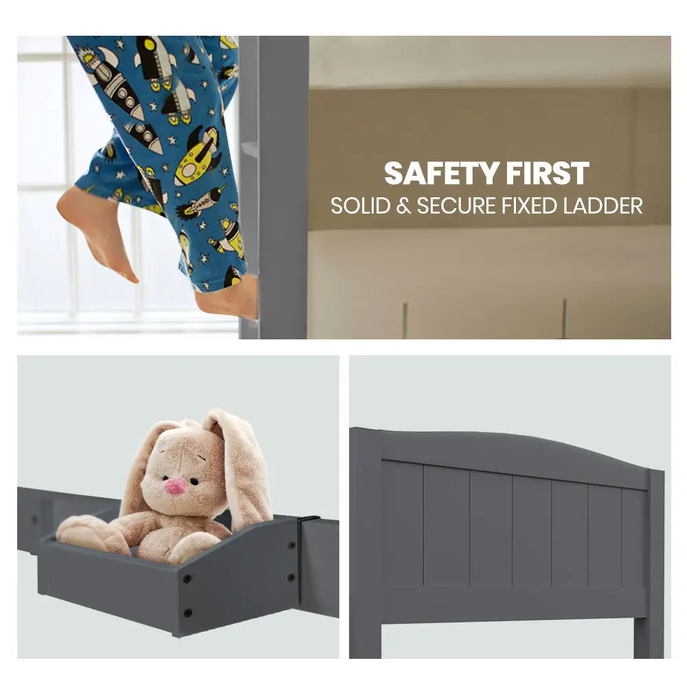 Kingston Slumber Single Bunk Bed Frame Solid Pine 2-in-1 Modular Design Convert to 2 Beds Grey