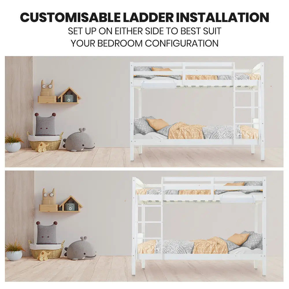 Kingston Slumber Single Bunk Bed Frame Solid Pine Wood Timber Modular Design White