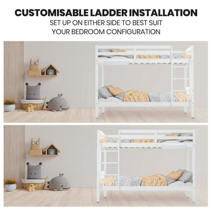 Kingston Slumber Single Bunk Bed Frame Solid Pine Wood Timber Modular Design White