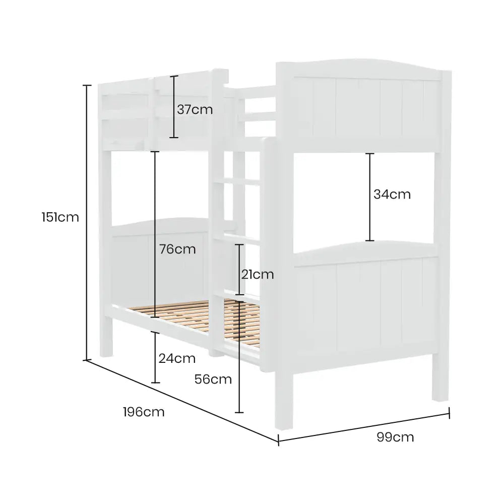 Kingston Slumber Single Bunk Bed Frame Solid Pine Wood Timber Modular Design White