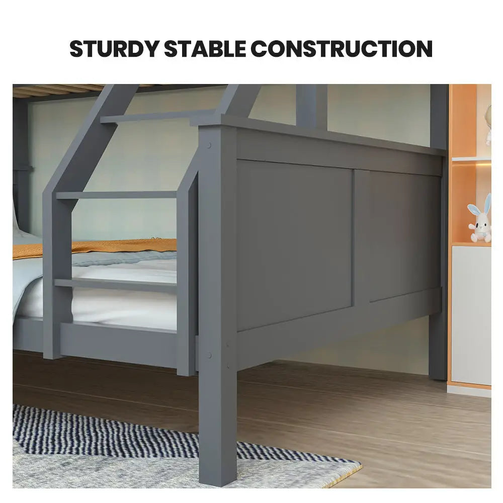 Kingston Slumber Triple Wooden Single Over Double Bunk Bed Frame for Kids Convertible Design Grey