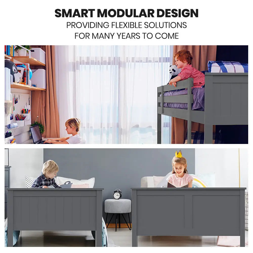 Kingston Slumber Triple Wooden Single Over Double Bunk Bed Frame for Kids Convertible Design Grey