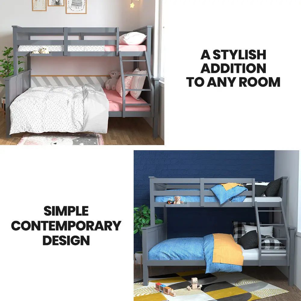 Kingston Slumber Triple Wooden Single Over Double Bunk Bed Frame for Kids Convertible Design Grey