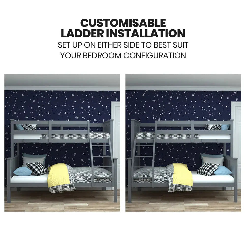 Kingston Slumber Triple Wooden Single Over Double Bunk Bed Frame for Kids Convertible Design Grey