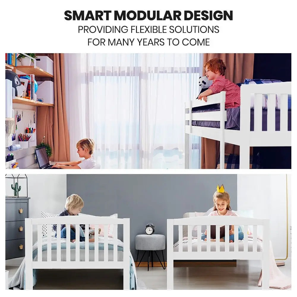Kingston Slumber Wooden Kids Bunk Bed Frame with Modular Design that can Convert to 2 Single White