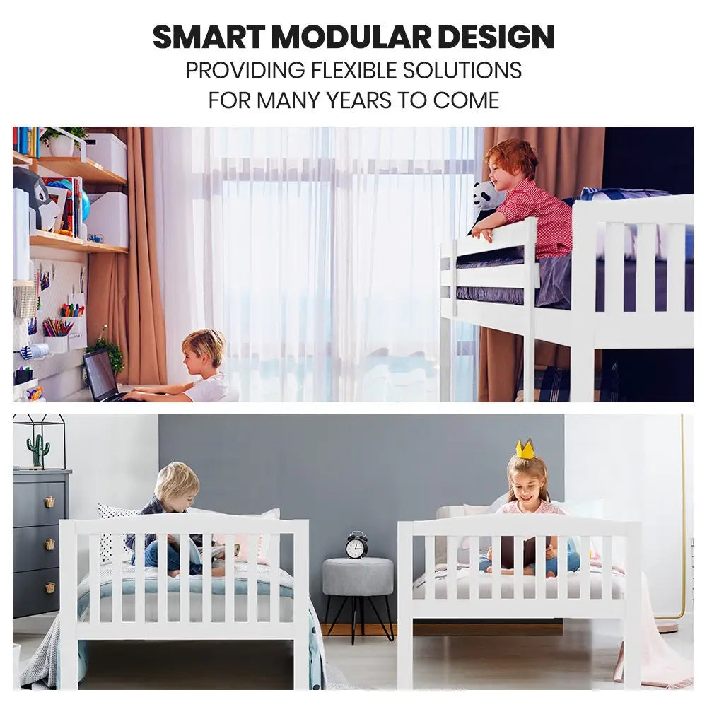 Kingston Slumber Wooden Kids Bunk Bed Frame with Modular Design that can Convert to 2 Single White
