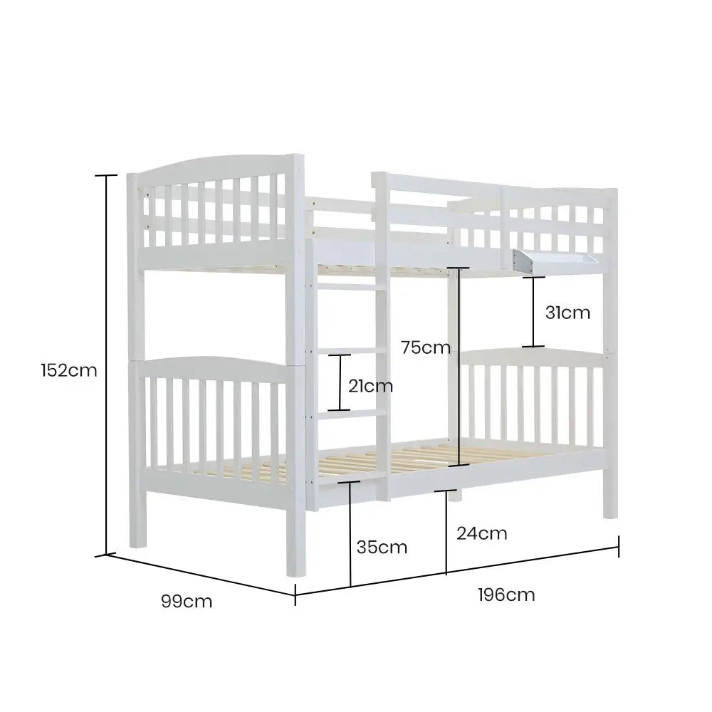 Kingston Slumber Wooden Kids Bunk Bed Frame with Modular Design that can Convert to 2 Single White