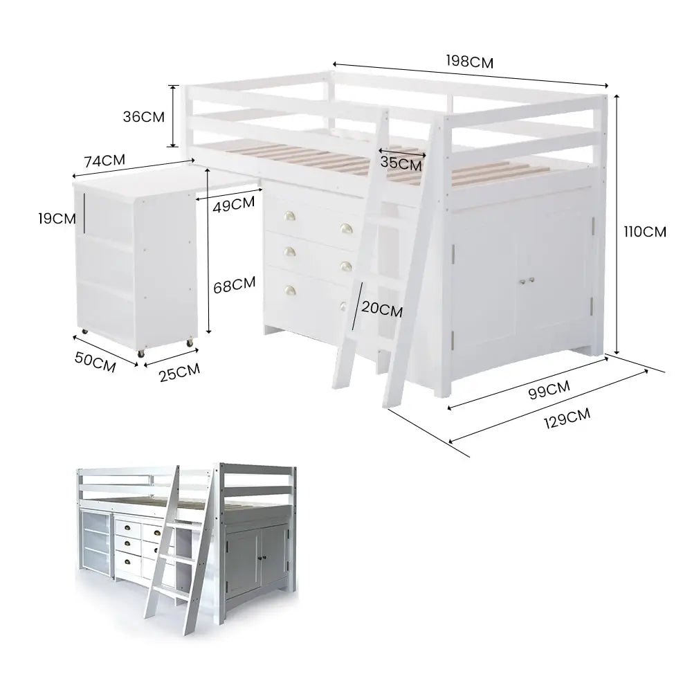 Kingston Slumber Wooden Kids Single Loft Bed Frame with Pull out Desk Storage Drawers Cabinet - White