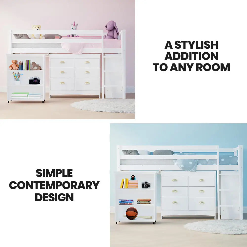 Kingston Slumber Wooden Kids Single Loft Bed Frame with Pull out Desk Storage Drawers Cabinet - White