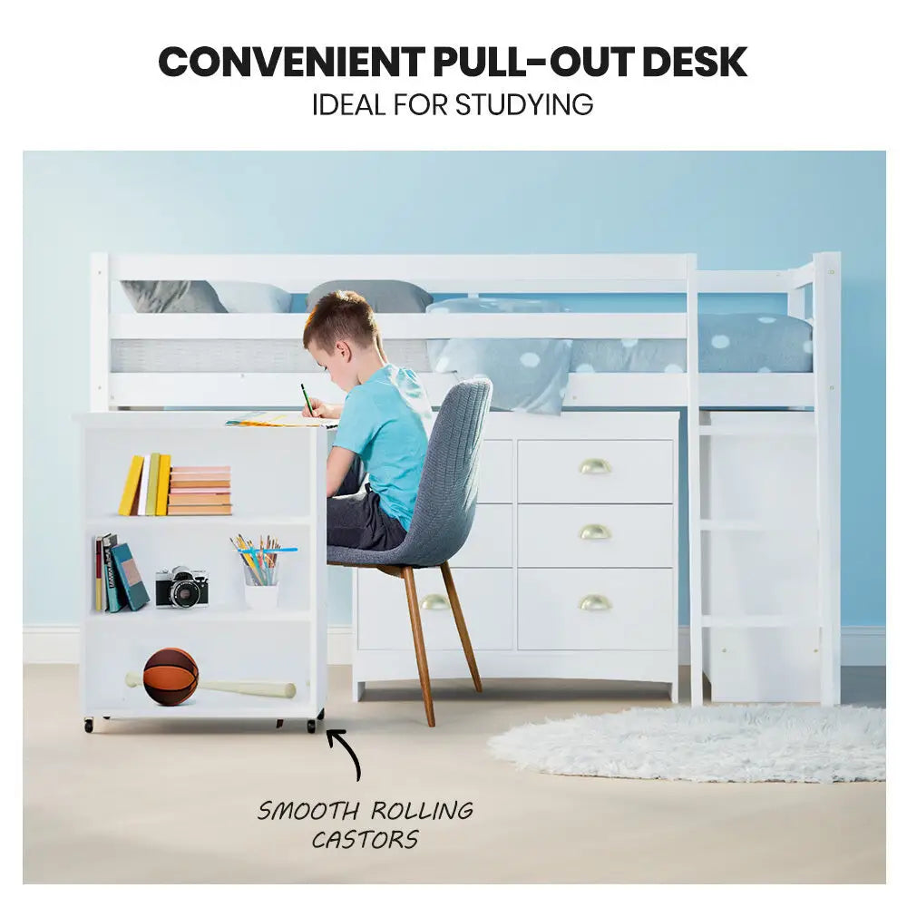 Kingston Slumber Wooden Kids Single Loft Bed Frame with Pull out Desk Storage Drawers Cabinet - White