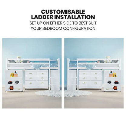 Kingston Slumber Wooden Kids Single Loft Bed Frame with Pull out Desk Storage Drawers Cabinet - White