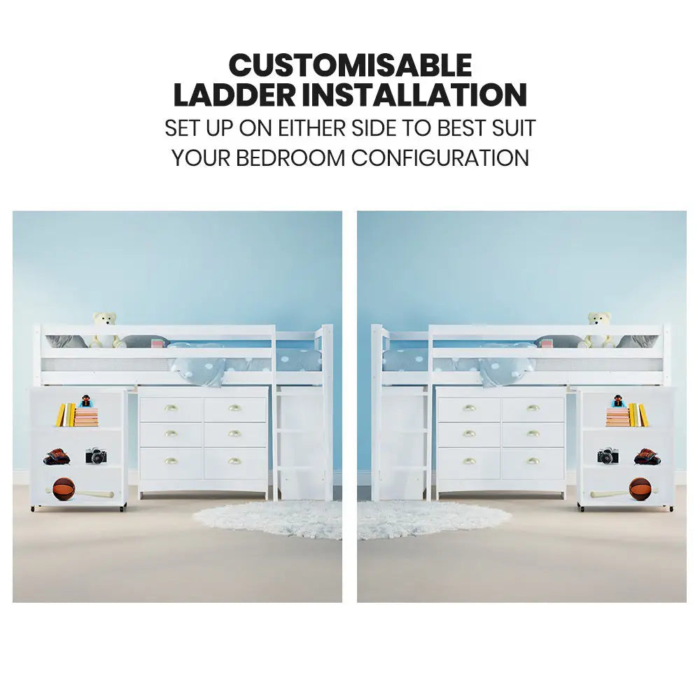 Kingston Slumber Wooden Kids Single Loft Bed Frame with Pull out Desk Storage Drawers Cabinet - White