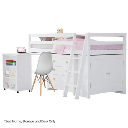 Kingston Slumber Wooden Kids Single Loft Bed Frame with Pull out Desk Storage Drawers Cabinet - White