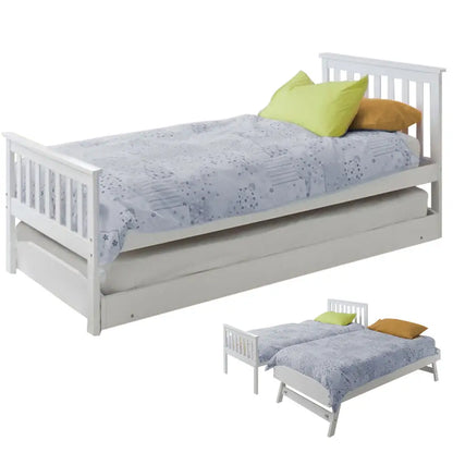 Kingston Slumber Wooden Single Bed Frame W/ Pop Up Trundle for Kids Bedroom White