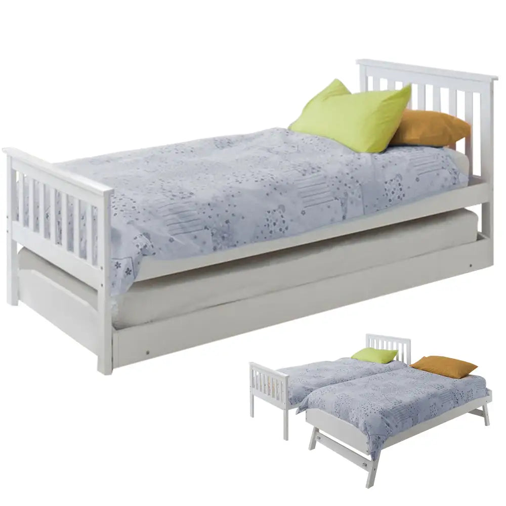 Kingston Slumber Wooden Single Bed Frame W/ Pop Up Trundle for Kids Bedroom White