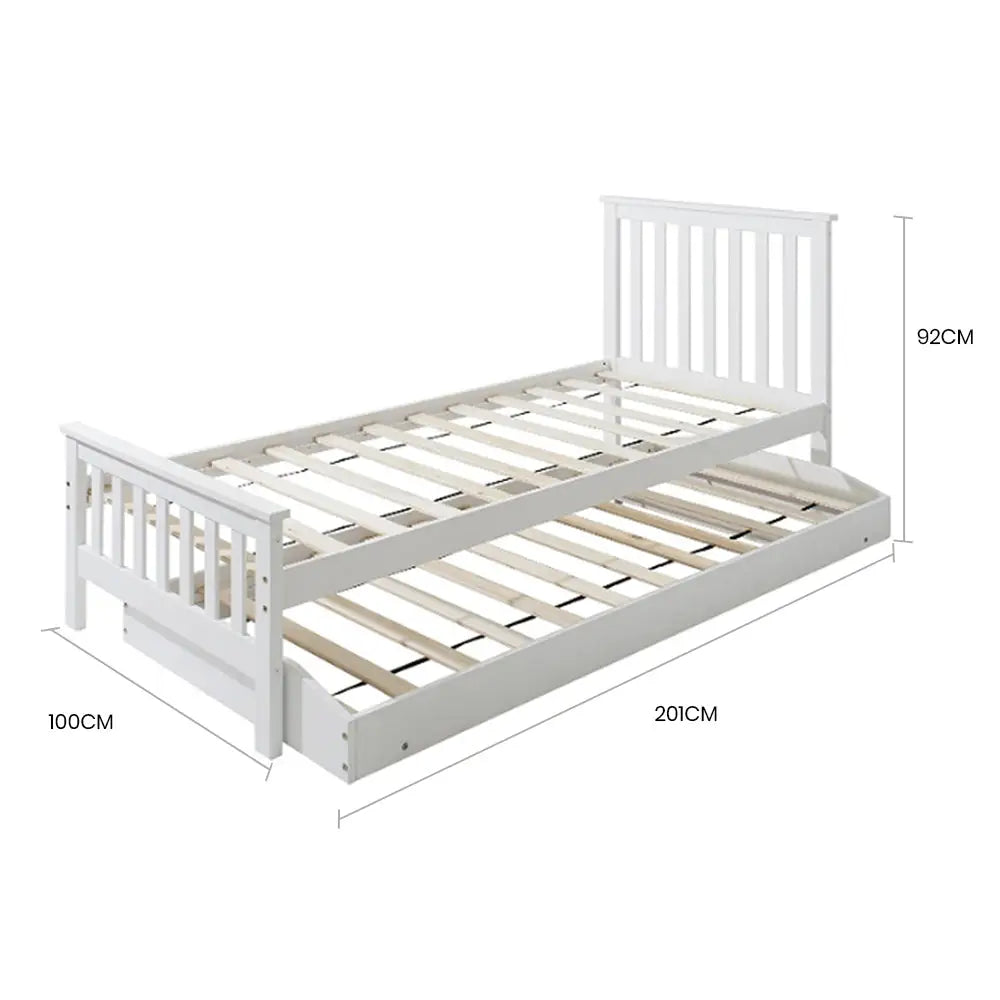 Kingston Slumber Wooden Single Bed Frame W/ Pop Up Trundle for Kids Bedroom White