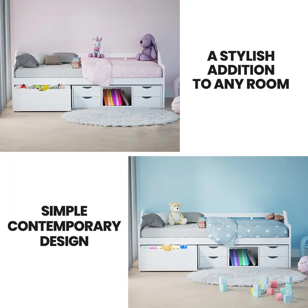 Kingston Slumber Wooden Single Sofa Bed Frame with Storage Drawers - White