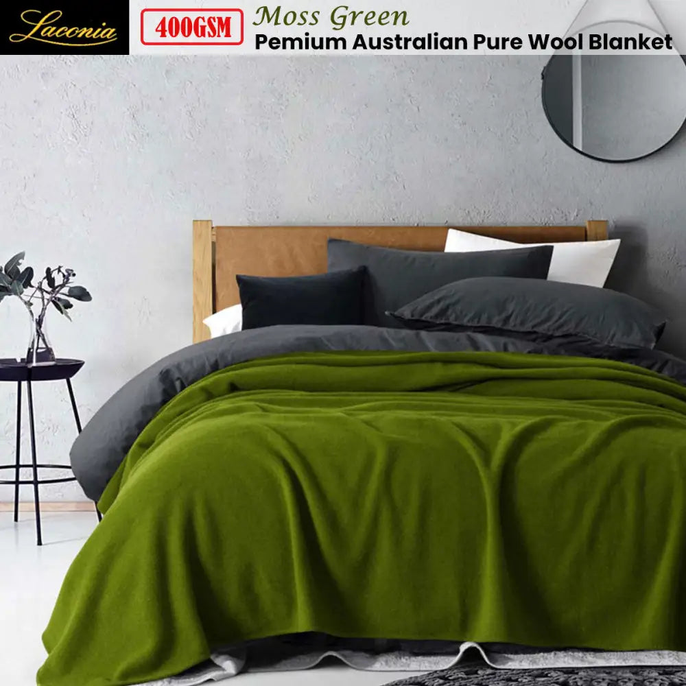 Laconia 400gsm Premium Australian Pure Wool Blanket Moss Green Double