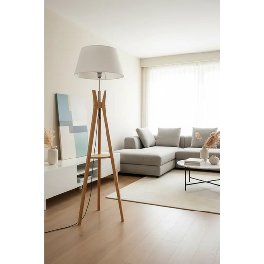 Large Bamboo Tripod Floor Lamp Linen Shade Modern Light Vintage Wooden Scandi