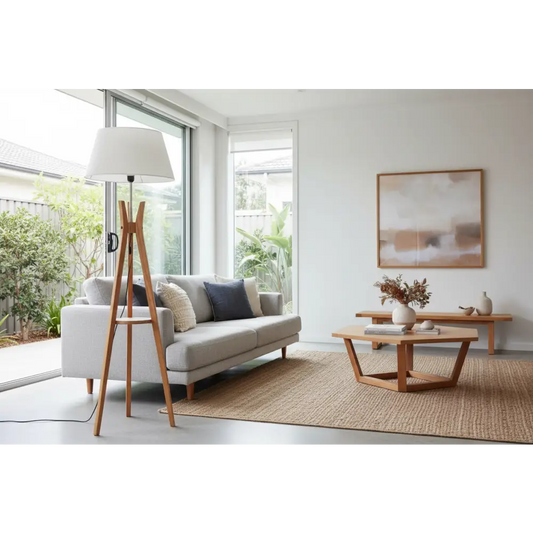 Large Bamboo Tripod Floor Lamp Linen Shade Modern Light Vintage Wooden Scandi