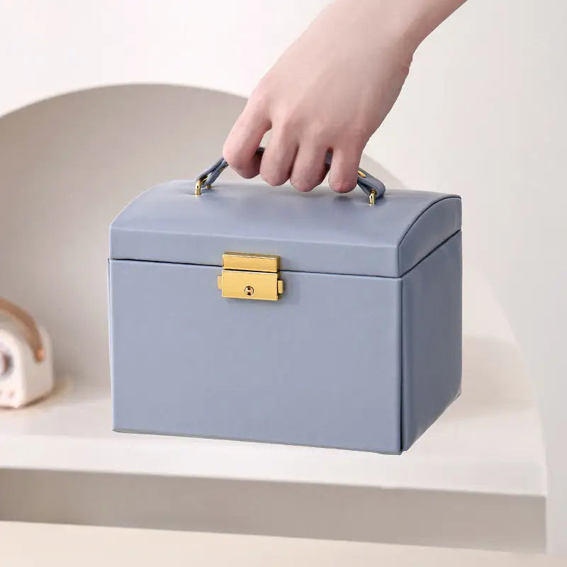 Light Blue Luxury Pu Leather Jewelry Storage Box - 3-tier Organizer with Mirror for Necklaces Earrings