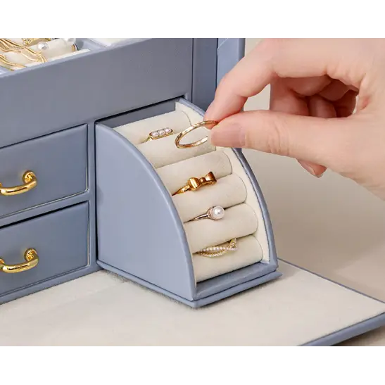 Light Blue Luxury Pu Leather Jewelry Storage Box - 3-tier Organizer with Mirror for Necklaces Earrings