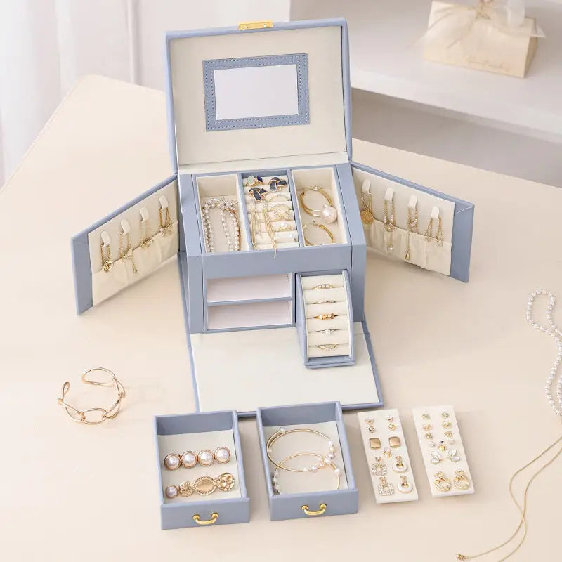 Light Blue Luxury Pu Leather Jewelry Storage Box - 3-tier Organizer with Mirror for Necklaces Earrings