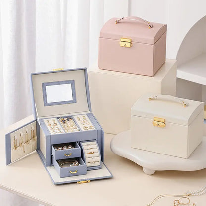 Light Blue Luxury Pu Leather Jewelry Storage Box - 3-tier Organizer with Mirror for Necklaces Earrings