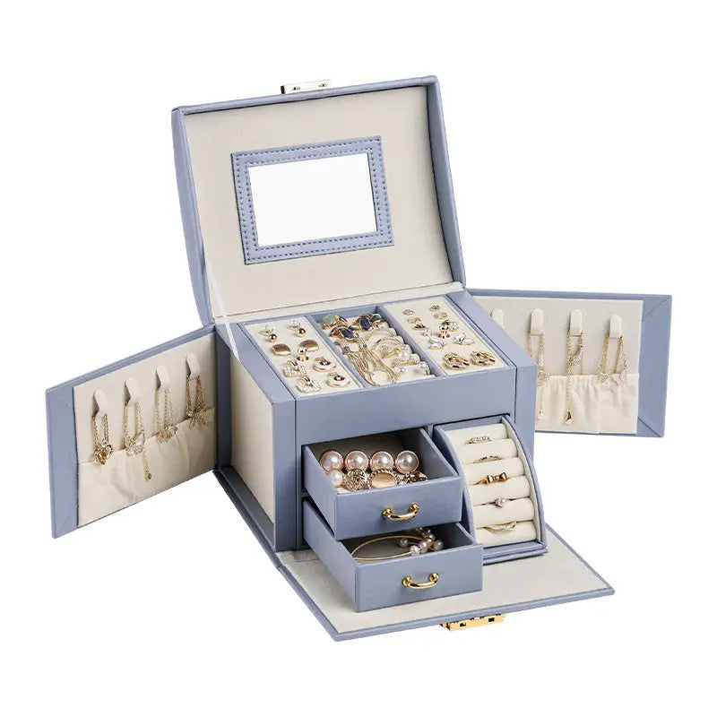 Light Blue Luxury Pu Leather Jewelry Storage Box - 3-tier Organizer with Mirror for Necklaces Earrings