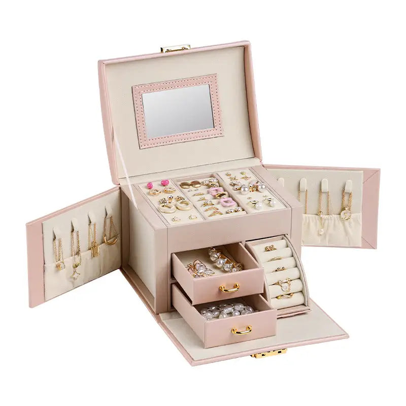 Light Pink Luxury Pu Leather Jewelry Storage Box - 3-tier Organizer with Mirror for Necklaces Earrings
