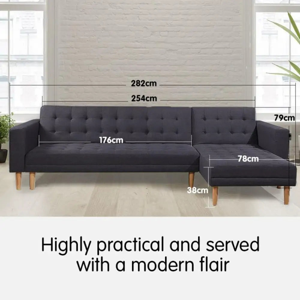 Linen Fabric Corner Sofa Bed Couch Lounge with Chaise Furniture - Dark Grey