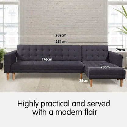 Linen Fabric Corner Sofa Bed Couch Lounge with Chaise Furniture - Dark Grey