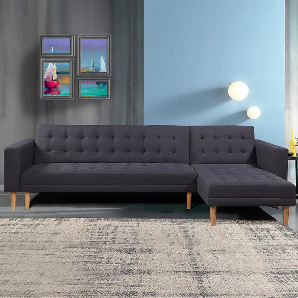 Linen Fabric Corner Sofa Bed Couch Lounge with Chaise Furniture - Dark Grey