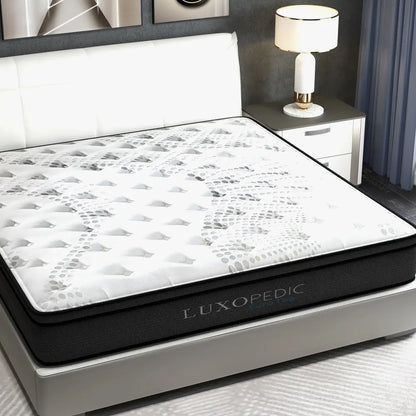 Luxopedic Pocket Spring Mattress 5 Zone 32cm Euro Top Memory Foam Medium Firm - Double - White Grey
