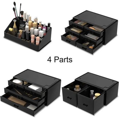 Makeup Cosmetic Organizer Storage with 12 Drawers Display Boxes (black) | Black Plastic Makeup Organizer Four