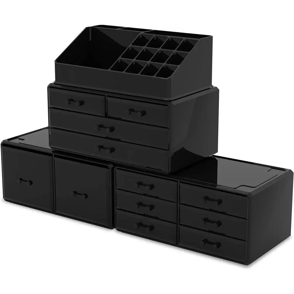 Makeup Cosmetic Organizer Storage with 12 Drawers Display Boxes (black) | Black Plastic Makeup Organizer Multiple