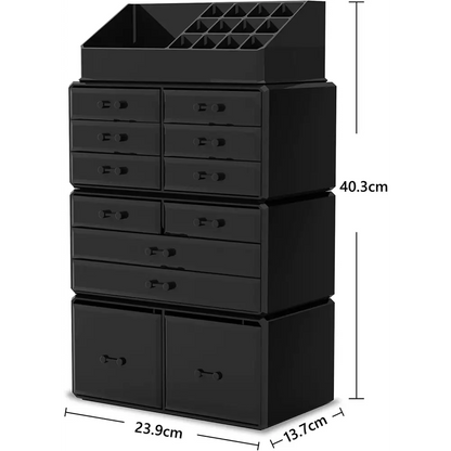 Makeup Cosmetic Organizer Storage with 12 Drawers Display Boxes (black) | Black Plastic Makeup Organizer Multiple
