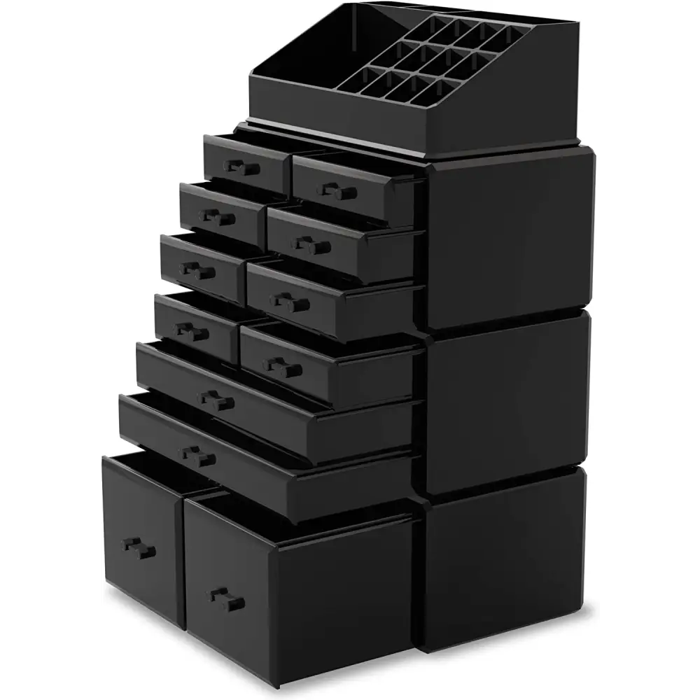 Makeup Cosmetic Organizer Storage with 12 Drawers Display Boxes (black) | Black Plastic Makeup Organizer Multiple