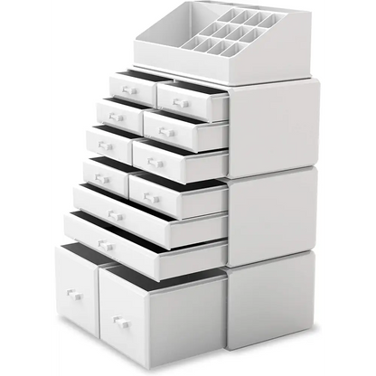 Makeup Cosmetic Organizer Storage with 12 Drawers Display Boxes (white) | White Plastic Multi-drawer Makeup Organizer