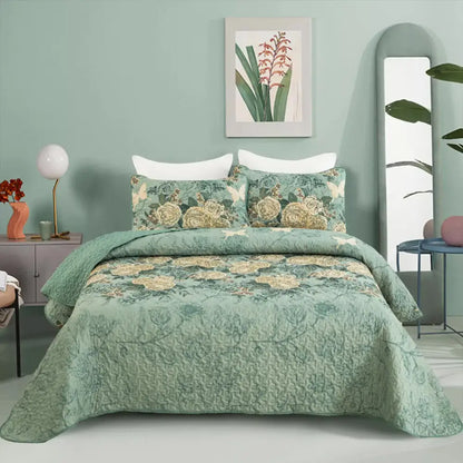 Meadow Butterfly Green Quilted Bedspread Set with Floral Details and Pillowcases