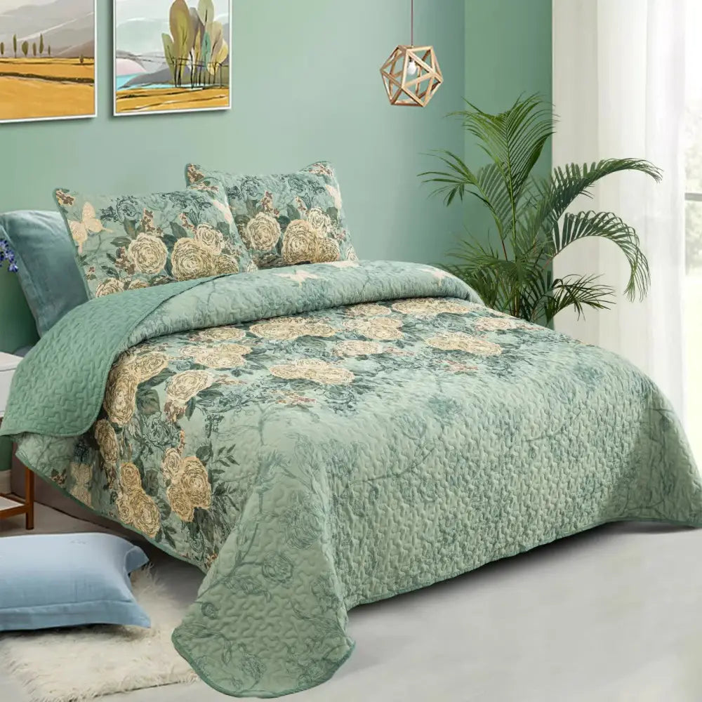 Meadow Butterfly Green Quilted Bedspread Set with Floral Details and Pillowcases